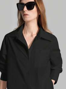 Ontre 2025 Autumn New Women's Casual Loose Vacation Matching Shirt, Black Long Shirt, Women's Shirt, Women's Button-Up Shirt, Commuting, Summer Business Casual Beach Birthday Party Outfit, Women's Teacher Uniform Shirt, Women's Office Wear - Black - View 6
