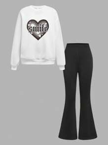 青少年女孩复古风格学院风针织圆领长袖运动衫套装 - 藍色 - 查看 1