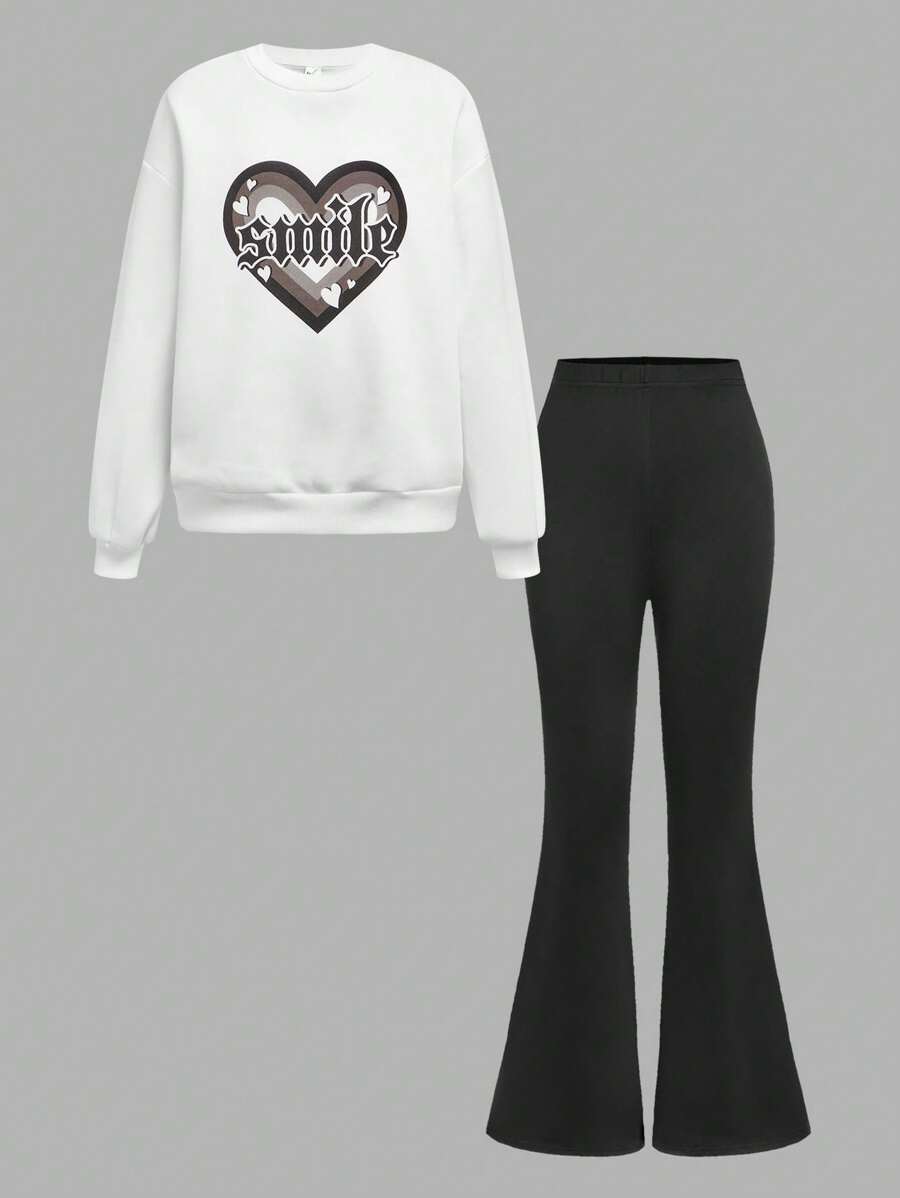 青少年女孩复古风格学院风针织圆领长袖运动衫套装 - 藍色 - 查看 1