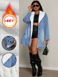 SHEIN SXY 中长款加大码口袋毛绒保暖牛仔夹克口袋加大码牛仔夹克圣诞服装女式感恩节服装女式加厚牛仔布，适合冬季