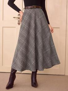 Vintamour Falda con estampado de cuadros de cintura alta estilo elegante y vintage con bolsillos para mujer, falda evasé casual para salir, fiestas, Navidad, otoño, atuendos de Acción de Gracias, de color marrón, burdeos, larga para otoño e invierno