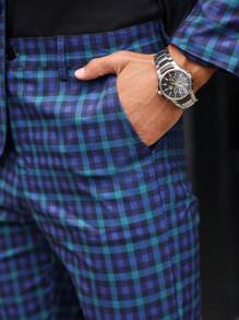 Manfinity Mode Men's Casual Checkered Suit Set - Navy Blue - View 6