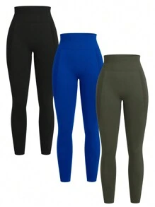 SHEIN Sports Women Solid High Waisted Seamless Elastic Sports Leggings - Multicolor - View 2