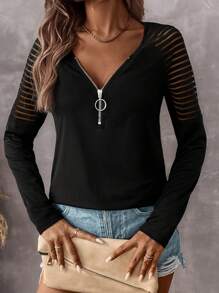 SHEIN LUNE Áo thun dệt kim cổ chữ V tay raglan hở vai chắp vá mùa thu dành cho nữ - màu đen - Xem 5