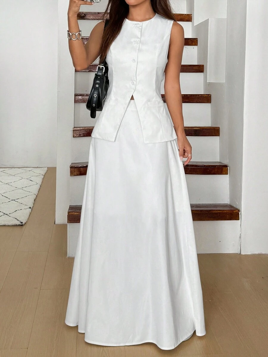SHEIN EZwear 女士优雅纯色背心和超长裙套装秋季 - 白色 - 查看 1
