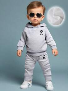 Baby Boy Crown & Letter "K" Printed Fleece Hoodie Sweatshirt & Pants Set, Casual Outfit For Fall/Winter