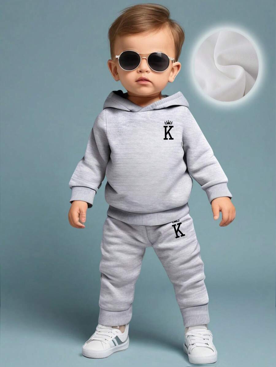 Baby Boy Crown & Letter "K" Printed Fleece Hoodie Sweatshirt & Pants Set, Casual Outfit For Fall/Winter