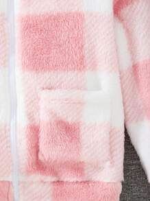 SHEIN 1pc Girls Cute Pink & White Plaid Casual Lightweight Fleece Jacket For Daily Wear, With Zipper, Lapel, Pockets, Dropped Shoulders, Warm And Comfortable, Fashionable For Fall/Winter, Suitable For Family Activities, Gatherings, Indoor/Outdoor - Pink - View 7