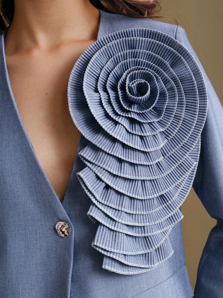 V-Neck Single-Breasted Floral Patchwork Elegant Modern Solid Color Blazer, Women For New Year