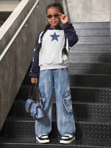 Tween Girl Casual Y2K Personality Slant Pocket Utility Washed Tie-Dye Loose Straight Leg Cargo Jeans, Streetwear Style