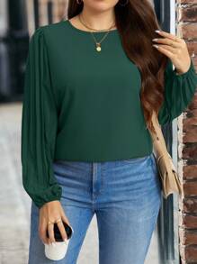 SHEIN LUNE Blusa de manga farol de cuello redondo de unicolor simple, informal para otoño, tallas grandes