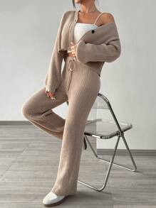 SHEIN PETITE Bộ áo len cardigan dài tay màu trơn đơn giản mùa thu đông cho nữ - Màu Khaki - Xem 5