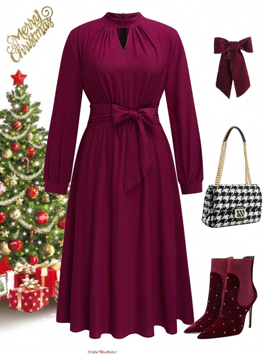 SHEIN Clasi Vestido Longo de Manga Longa Elegante com Cinto e Decote Recorte, Roupas de Natal para Roupas de Ano Novo para Mulheres em Plus Size - Vermelho - Visão 1