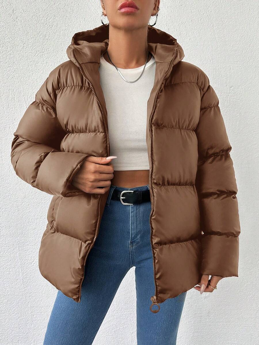 SHEIN Tall Solid Color Hooded Zip-Up Long Sleeve Winter Jacket