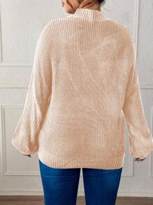 SHEIN LUNE Plus Size Contrast Fish Net Crew Neck Long Sleeve Sweater Knit Pullover Fall Winter - Baby Pink - View 2