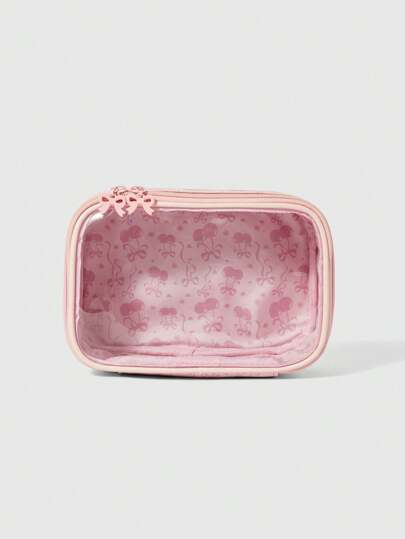 Kawaii Pink Embroidered Bow Semi-Transparent Cosmetic Bag, Suitable For Makeup Storage