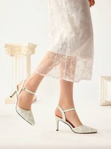 CUCCOO HITCHD Almond Color Lace & Mesh Pointed Toe Elegant Versatile Women Stiletto Heels Backless Pumps - Apricot - View 7