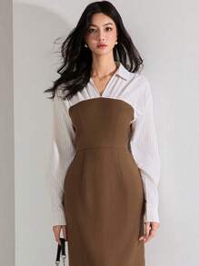 Heiryn Váy dài ngang eo thun kẻ sọc chắp vá thường ngày mùa thu dành cho nữ - Màu Khaki - Xem 1
