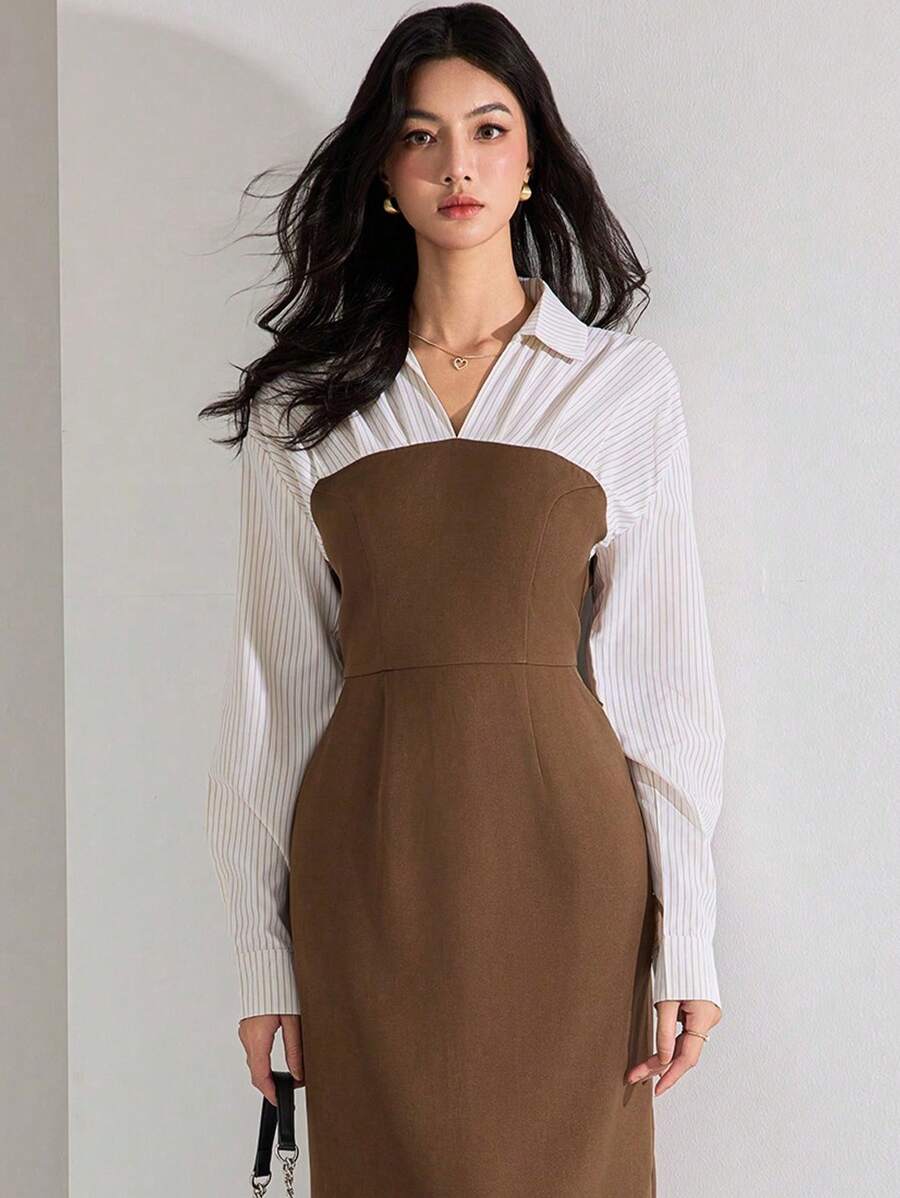 Heiryn Váy dài ngang eo thun kẻ sọc chắp vá thường ngày mùa thu dành cho nữ - Màu Khaki - Xem 1