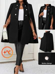 SHEIN Lady Áo khoác len cổ đứng màu trơn cỡ lớn thanh lịch hai hàng khuy cho nữ, mùa thu/đông - màu đen - Xem 1