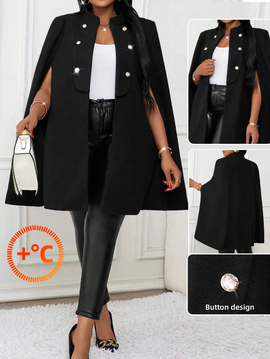 SHEIN Lady Áo khoác len cổ đứng màu trơn cỡ lớn thanh lịch hai hàng khuy cho nữ, mùa thu/đông - màu đen - Xem 1