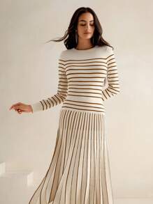 Anewsta Women's Elegant Striped Knitted Maxi Pleated Dress, Autumn/Winter - Maroon - View 4