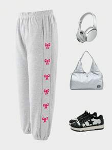 Tween Girls Butterfly Pattern Cuffed Fleece Sweatpants, Casual And Cosy Home Wear, Fall And Spring/Winter - Light Grey - View 1