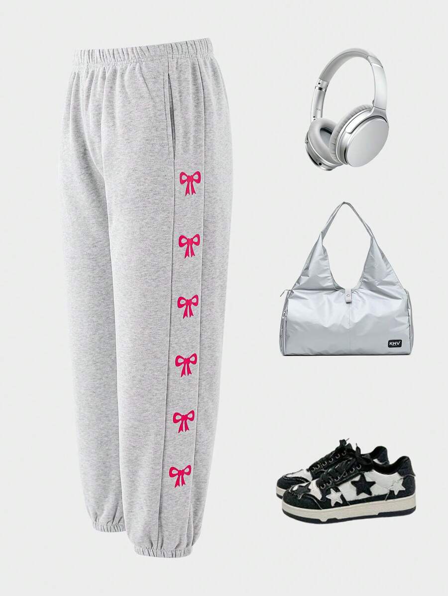 Tween Girls Butterfly Pattern Cuffed Fleece Sweatpants, Casual And Cosy Home Wear, Fall And Spring/Winter - Light Grey - View 1