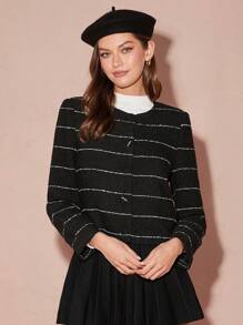 Enchnt Women's Striped Print Elegant Commuter Long Sleeve Jacket