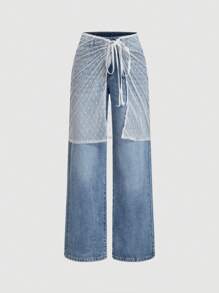 SHEIN MOD Jeans décontractés amples à jambes larges avec insert en maille contrastée pour femmes