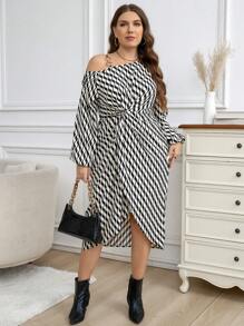SHEIN Clasi Plus Size Women Autumn Wavy Striped Asymmetric Collar Long Sleeve Elegant Dress