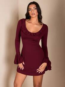 SHEIN BAE 女士修身长袖纯色荷叶边深 V 领迷你连衣裙，咖啡色/棕色，适合秋冬季打底，适合浪漫约会、日常通勤