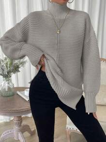 Chiquease Casual Solid Color Turtleneck Sweater With Side Slit, Autumn/Winter Knit Pullover Fall Outfit - Grey - View 6
