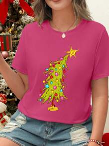 Flirla Plus Size Christmas Printed Short-Sleeved T-Shirt, Rose Red T-Shirt, Christmas Short-Sleeved, Casual Round-Neck Short-Sleeved, Suitable For Summer, Women's Clothing Graphic Tees Women Tops