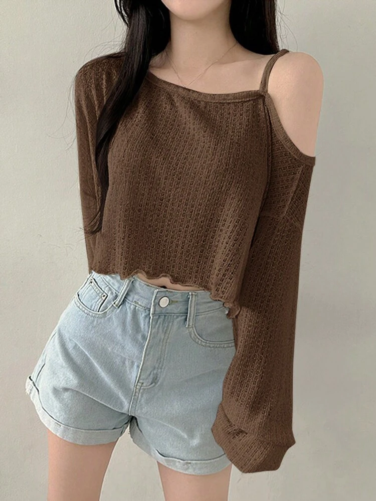 Women Casual Solid Color Oblique Shoulder Asymmetrical T-Shirt, Autumn Long Sleeve Women Tops,Fall Women Clothes Crop Women Tops