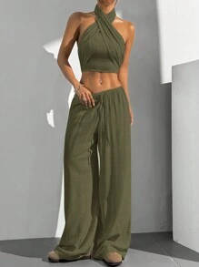 SHEIN EZwear Women Solid Crossover Cropped Top And Pants 2 Pieces Set, Casual Outfit