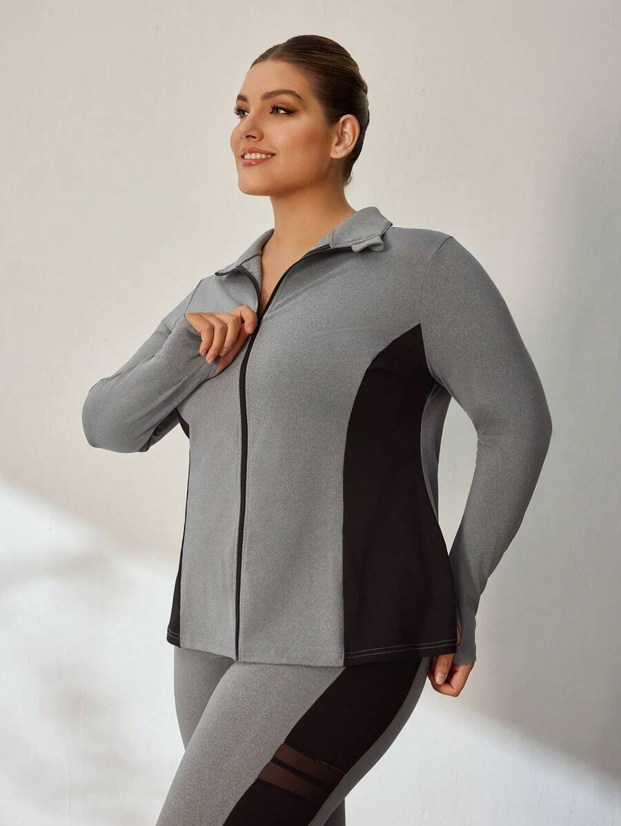 Easithlete Plus Size Color Block Zipper Cardigan I Legginsy Zestaw Sportowy Garnitur, Jesień