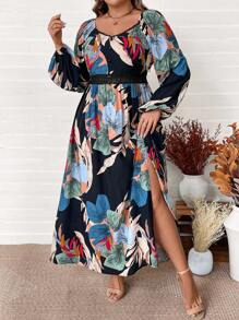 SHEIN VCAY Plus Size Black Floral & Crane Print Sweetheart Neck Long Sleeve Lantern Sleeve Lace Hem Split Dress, Casual Holiday Boho Western Style Long Dress - Multicolor - View 3