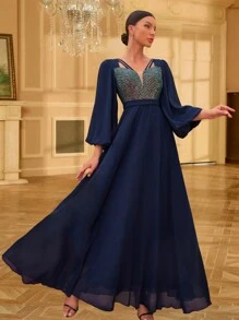 Elegante abito a-line in chiffon con maniche a lanterna, scollo a v scintillante, orlo con paillettes, abito lungo da ballo, da cerimonia di matrimonio, per compleanni, lauree, homecoming - Blu Navy - Visualizzare 6