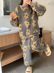 DAZY Cute Bear Pattern Flannel Thicken Pajama Set For Winter,Thermal Lined