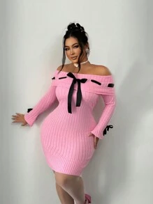 SHEIN SXY Plus Size Women's Sweet Bowknot Colorblock Decor Off Shoulder Black Sweater Dress, For Winter - Pink - View 1