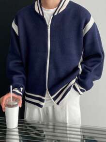 DAZY Men's Autumn Contrast Color Stripe Print Baseball Collar Zip-Up Long Sleeve Cardigan Jacket - Blue and White - View 5