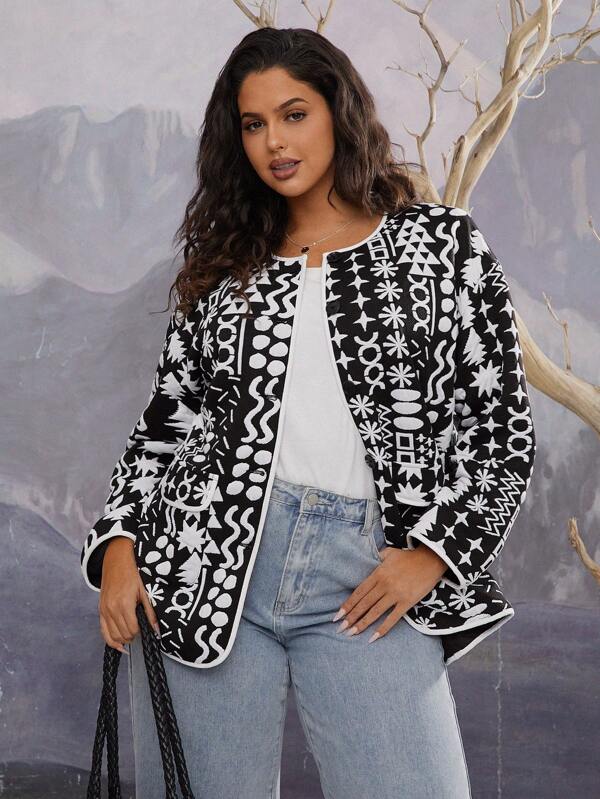 SHEIN VCAY Plus Size Fashionable Street Style Loose Geometric Jacquard Casual Single-Breasted Jacket, Warm & Versatile For Holiday, Party, Casual Wear