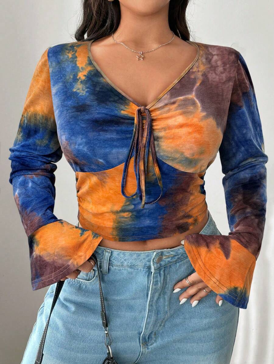 SHEIN EZwear Plus Size Tie-Dye T-Shirt With Pleated Bell Sleeves, Casual Style For Early Autumn
