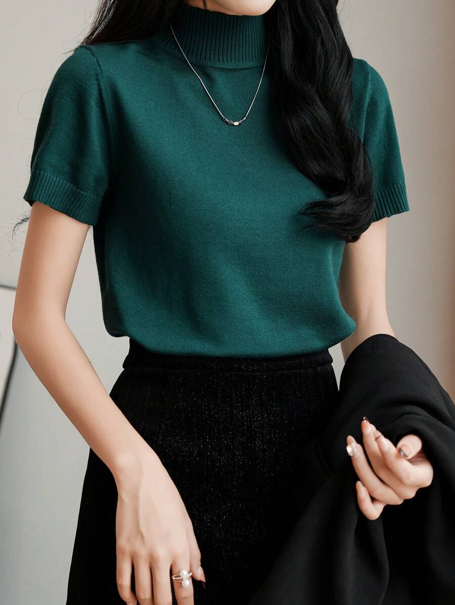 EMERY ROSE 1 件女式休闲纯色高领修身短袖针织上衣，秋季 - 墨綠色 - 查看 1