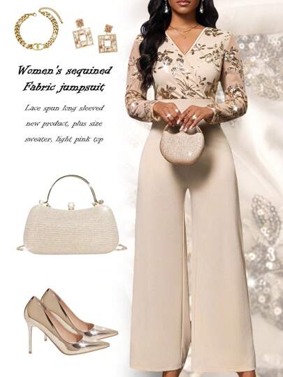 Fleurora Mono de mujer de color caqui de tela con lentejuelas, ajuste recto, escote en V, mono de mujer para boda, mono de mujer talla grande, ropa de San Valentín para mujeres, regalos de San Valentín, atuendos de festival para mujeres, conjunto de San Valentín para mujer