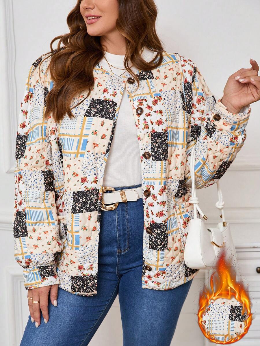 SHEIN Clasi Chaqueta informal de talla grande para otoño con estampado floral y de patchwork - Multicolor - Ver 1