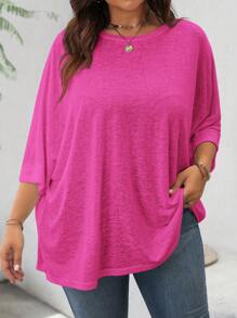 SHEIN LUNE 大码基本款短袖 T 恤，休闲宽松，适合居家和户外，夏季 - 玫紅色 - 查看 3