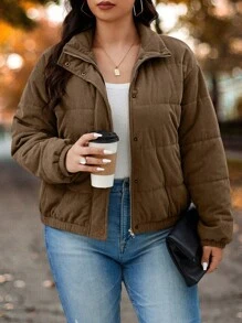 Calvaya Women Plus Size Casual Zipper Side Pocket Front High Neck Elastic Cuff Corduroy Long Sleeve Jacket Padded Coat For Winter Clothes, Light Brown Color
