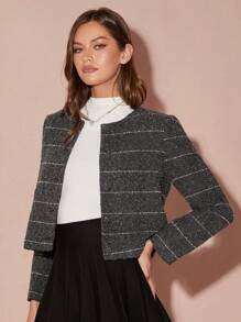 Enchnt 女士优雅休闲条纹短款夹克，秋季 - 灰色 - 查看 6